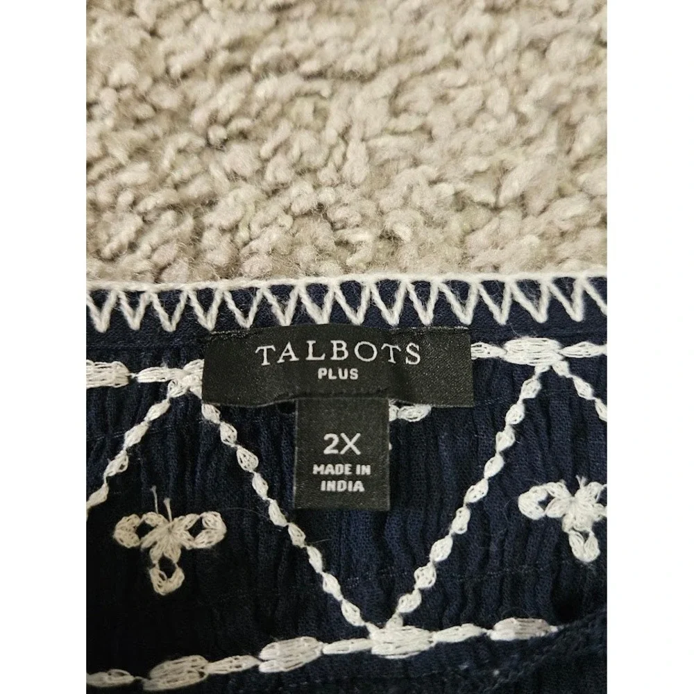 Talbots Blouse Plus Womens 2X Navy Blue Embroidered Cotton Gauze 3/4 Sleeve Boho